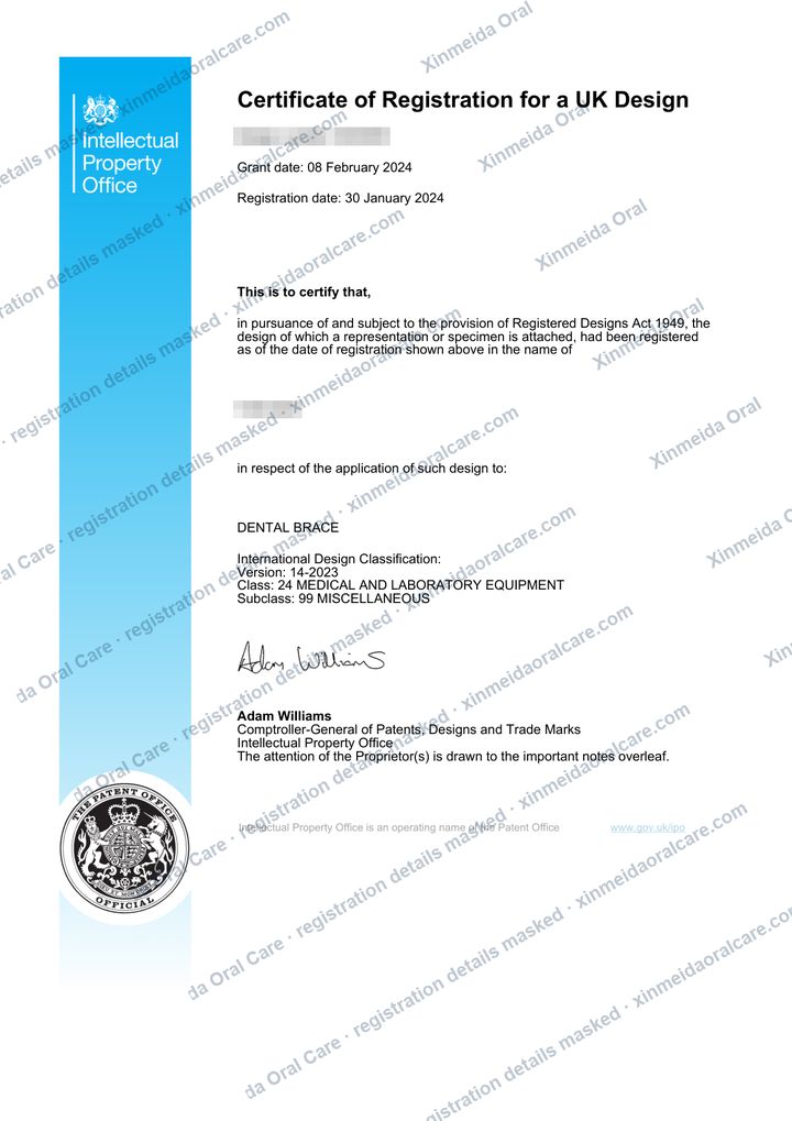 UK registered design certificate for the push-adjust mouthpiece, registration date 30 January 2024; design number and holder masked.