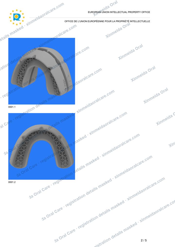 Registered design views of the push-adjust mouthpiece: two trays on a frame, the graduated slide marked 1, 5 and 10 with a PUSH arrow.
