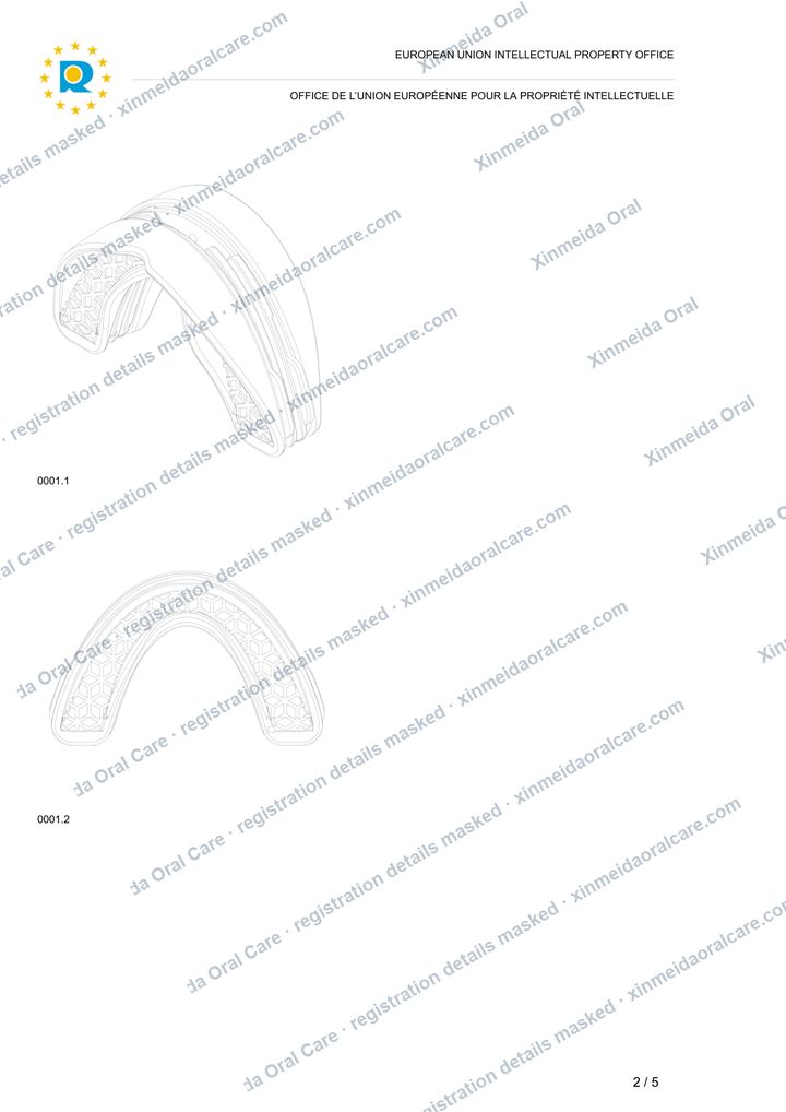 Registered design line drawings of the sixth-generation adjustable mouthpiece: two trays, the central adjuster, the front and side views.