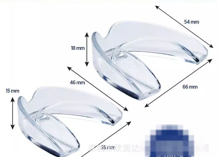 Adult and youth night guards with their dimensions marked in millimetres.