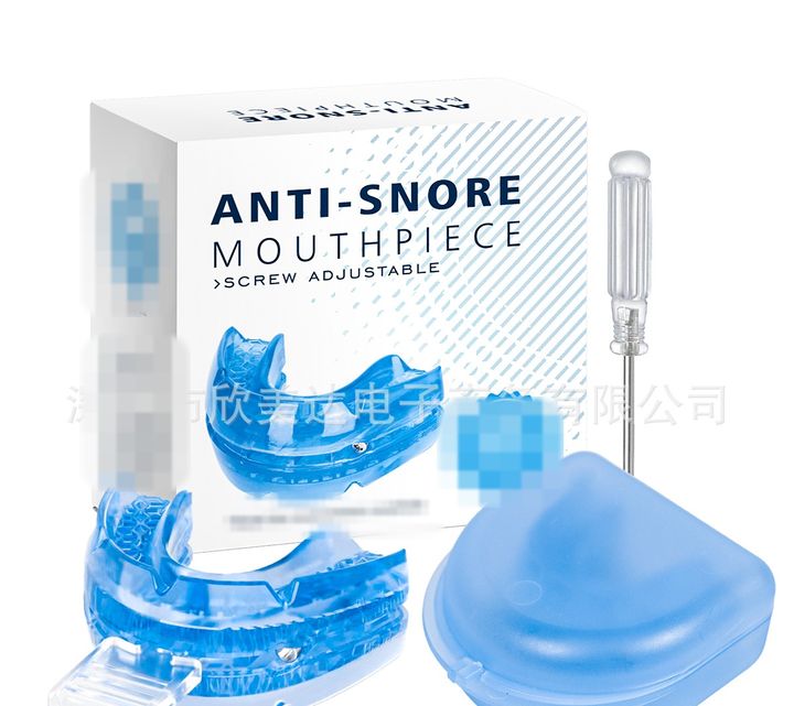 Blue screw-adjustable mouthpiece with its fitting tool and case, box behind.